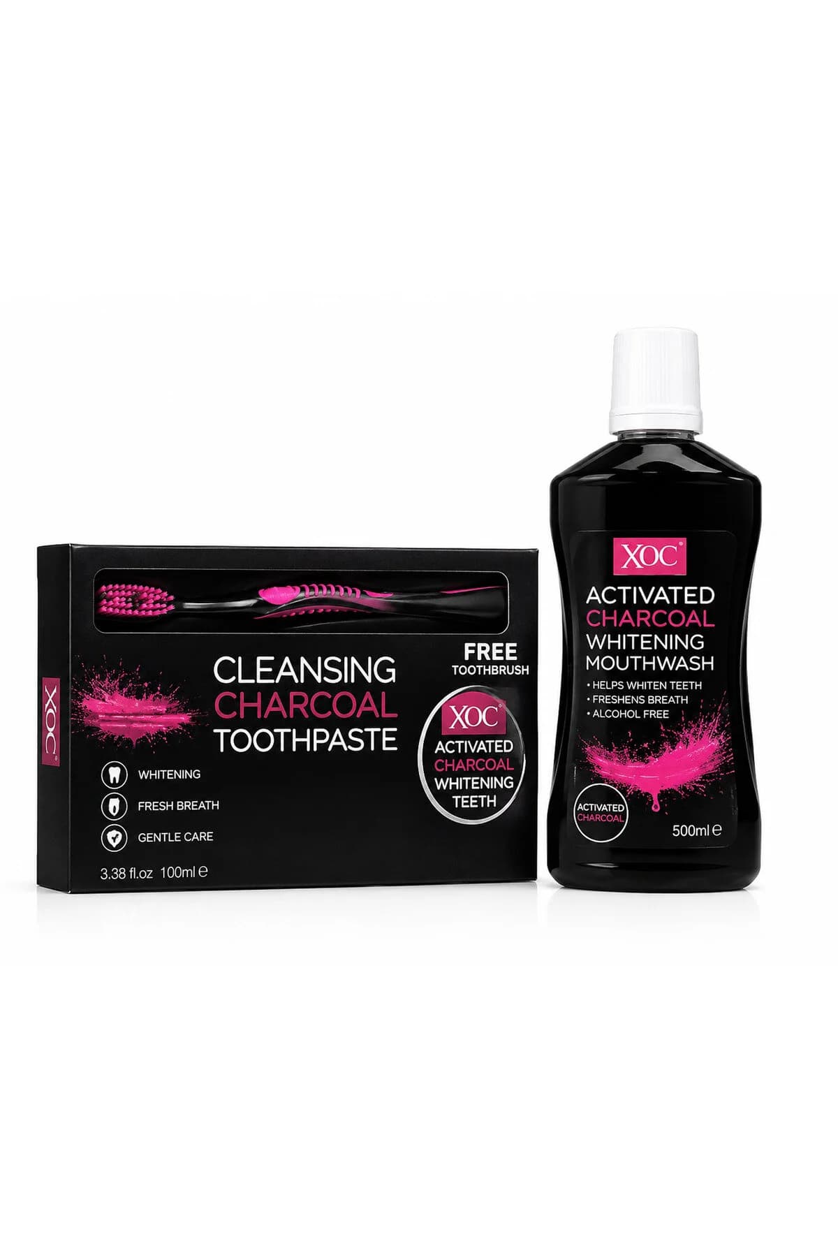 Set Activated Charcoal – Pastă de dinți cu cărbune activ 100 ml + periuță de dinți + apă de gură 500 ml