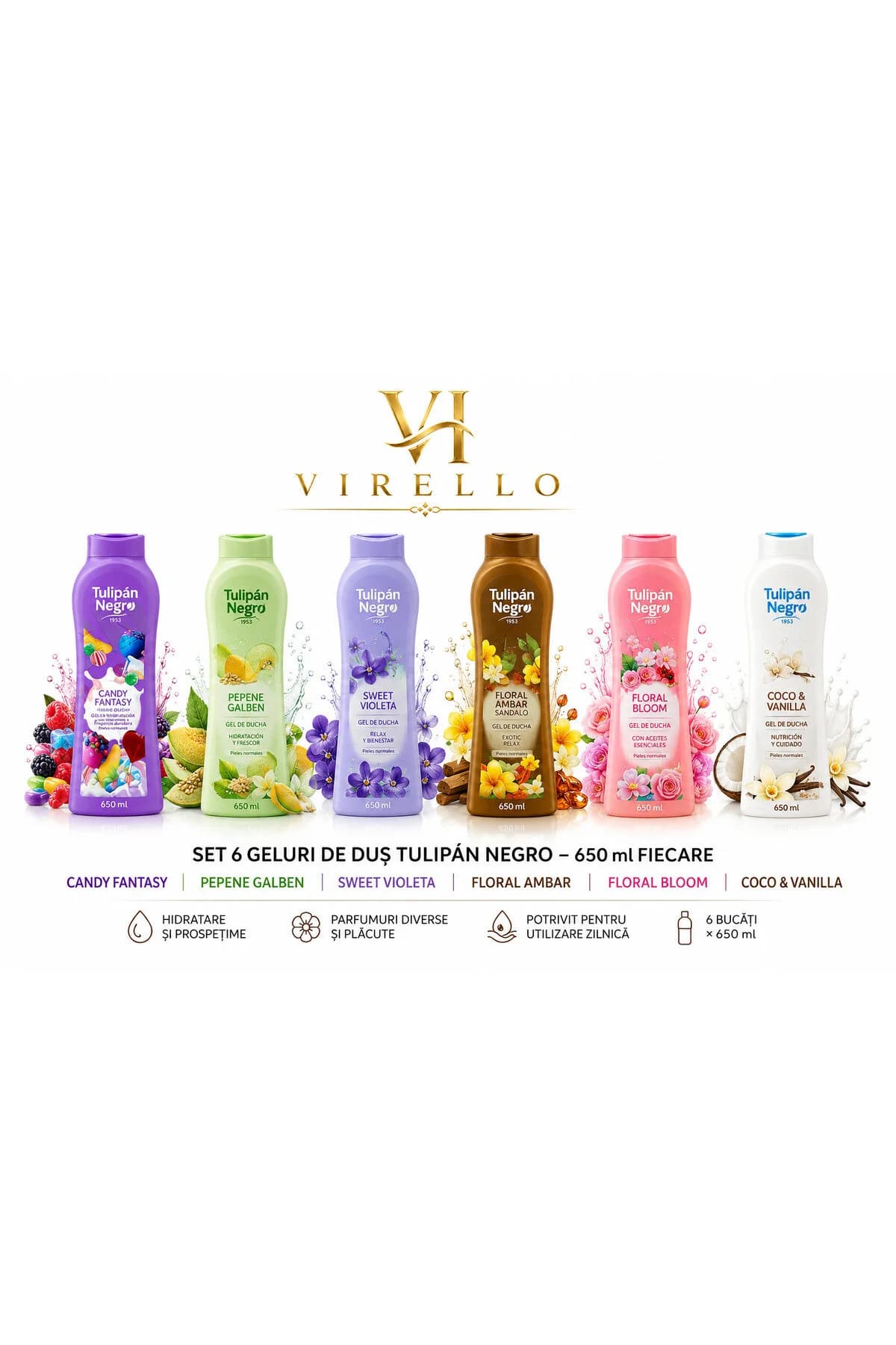 Set 6 Geluri de Duș Tulipán Negro, 650 ml fiecare, Arome Diverse