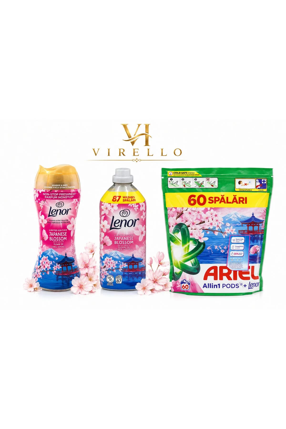 Set Ariell + Japanese Blossom – 60 capsule detergent, balsam 87 spălări și parfum rufe