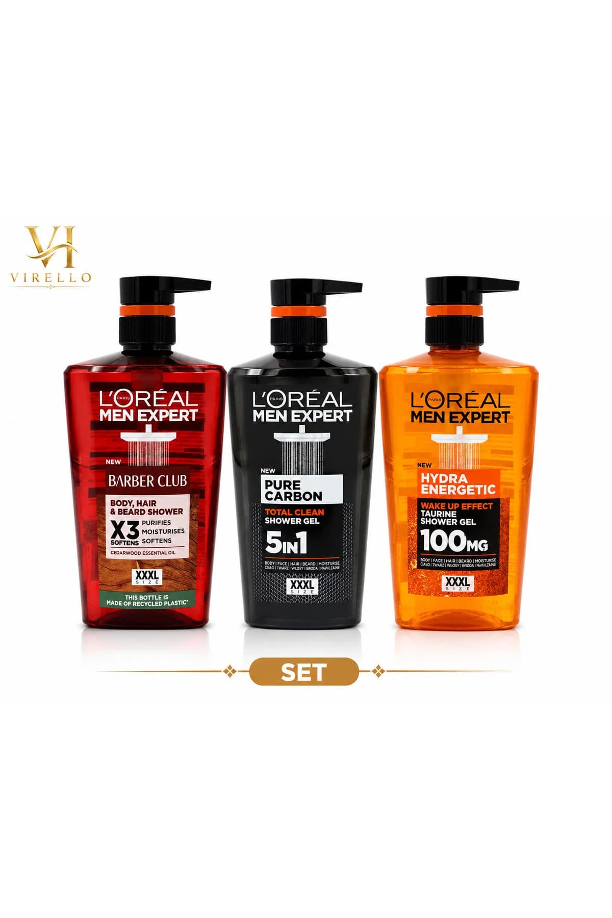 Set 3 Geluri de Duș L’Oréal Men Expert XXL, Barber Club, Pure Carbon și Hydra Energetic, 1 L fiecare