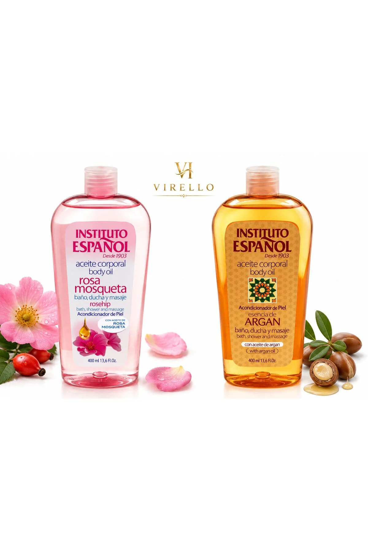 Set 2 uleiuri de corp Instituto Español, Rosa Mosqueta & Argan, 400 ml fiecare