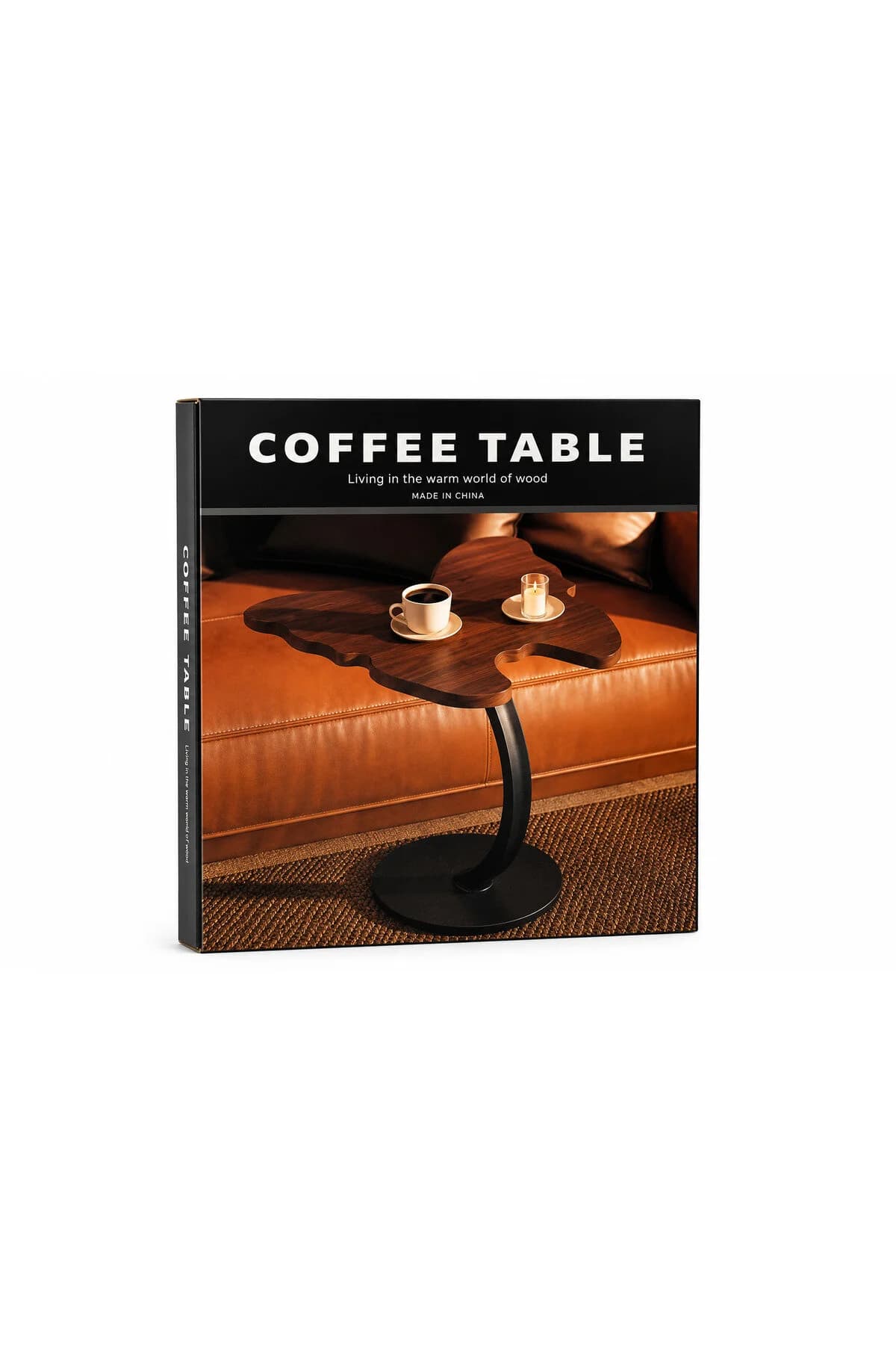 Măsuță de cafea cu blat organic tip fluture, picior metalic curbat, maro-negru
