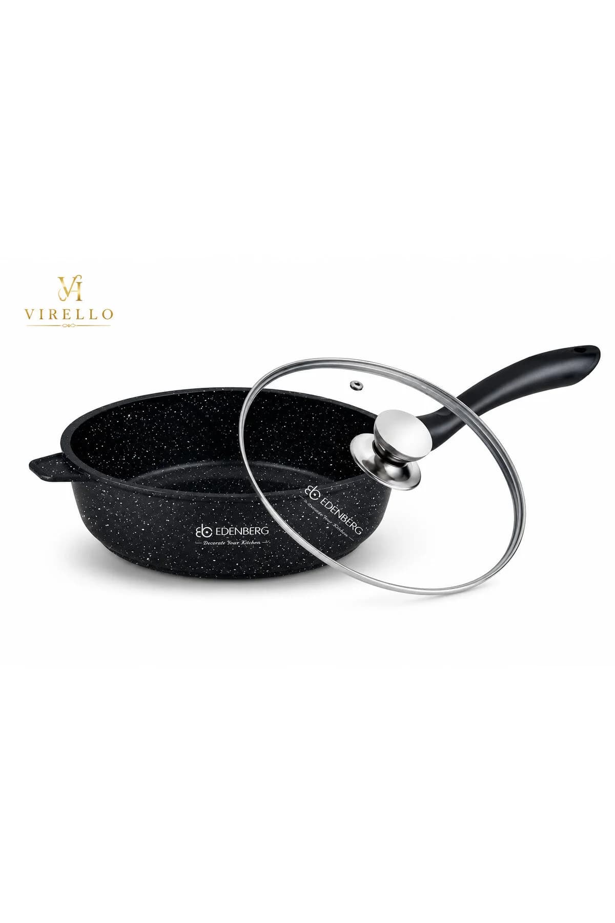 Tigaie EB-3322 din aluminiu, înveliș marmorat, capac din sticlă, 28 cm