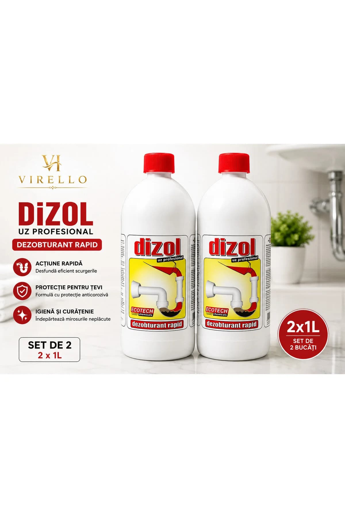 Set 2 soluții pentru desfundarea țevilor Dizol Uz Profesional, dezobturant rapid, 1,5 L fiecare