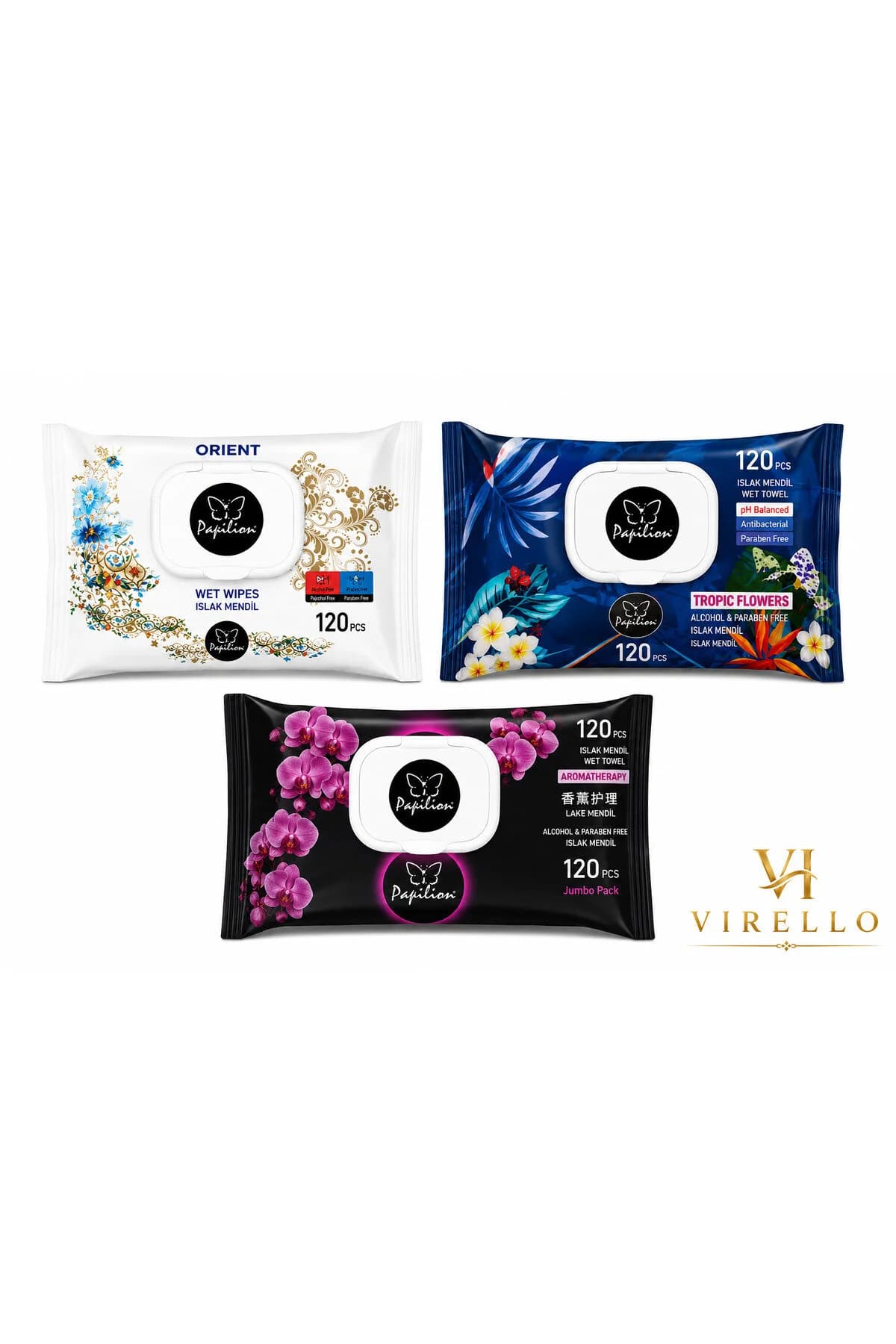 Set 3 pachete șervețele umede cu capac, 3 sortimente, 120 buc/pachet