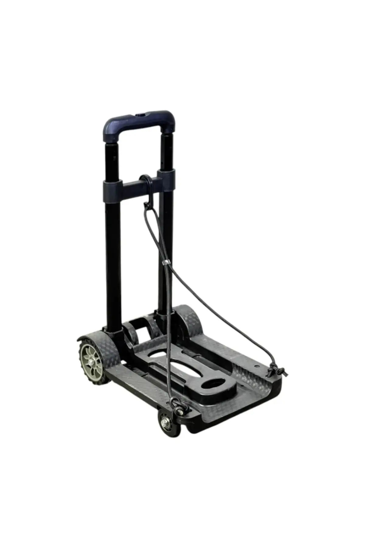 Cărucior pliabil pentru transportul bagajelor și a cumpărăturilor, platformă compactă, mâner telescopic, roți rezistente, design pliabil.
