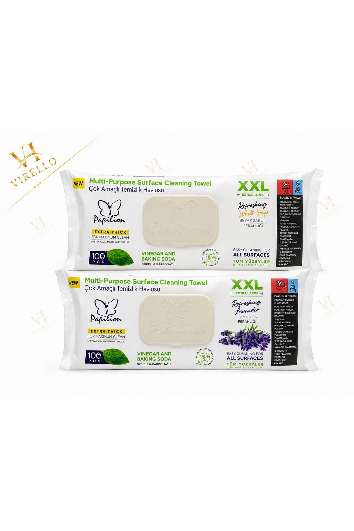 Set 2 x Multi-Purpose XXL – Lavete umede pentru suprafețe, White Soap + Lavender, 100 buc/pachet