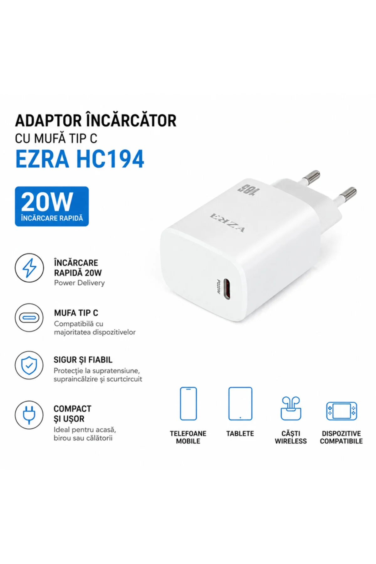Adaptor încărcător HC194 20W cu mufă Type C, Adaptor de alimentare USB-C pentru încărcare rapidă a telefoanelor și dispozitivelor mobile