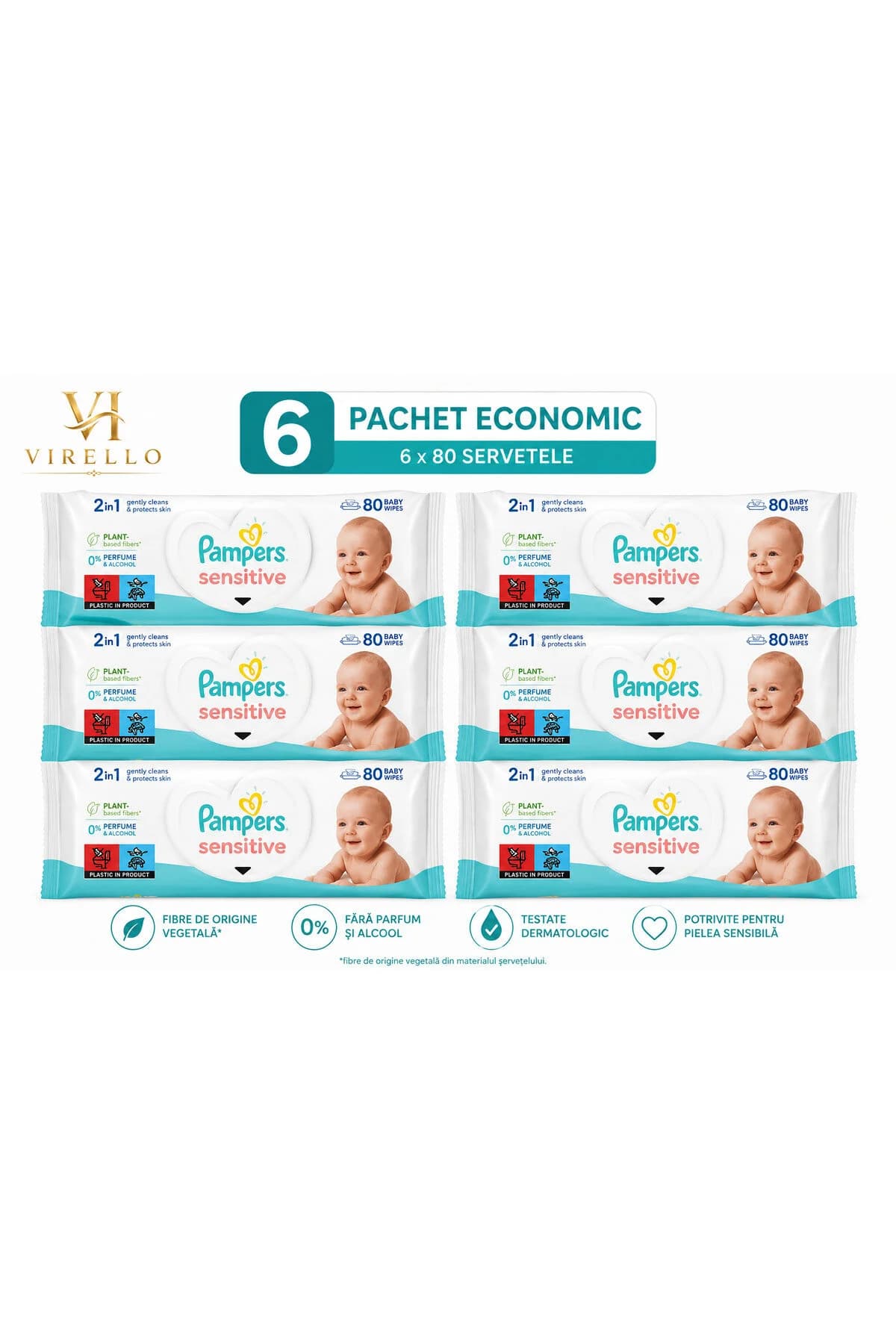 Set 6 pachete Șervețele Umede Sensitive, 80 buc/pachet, 480 șervețele