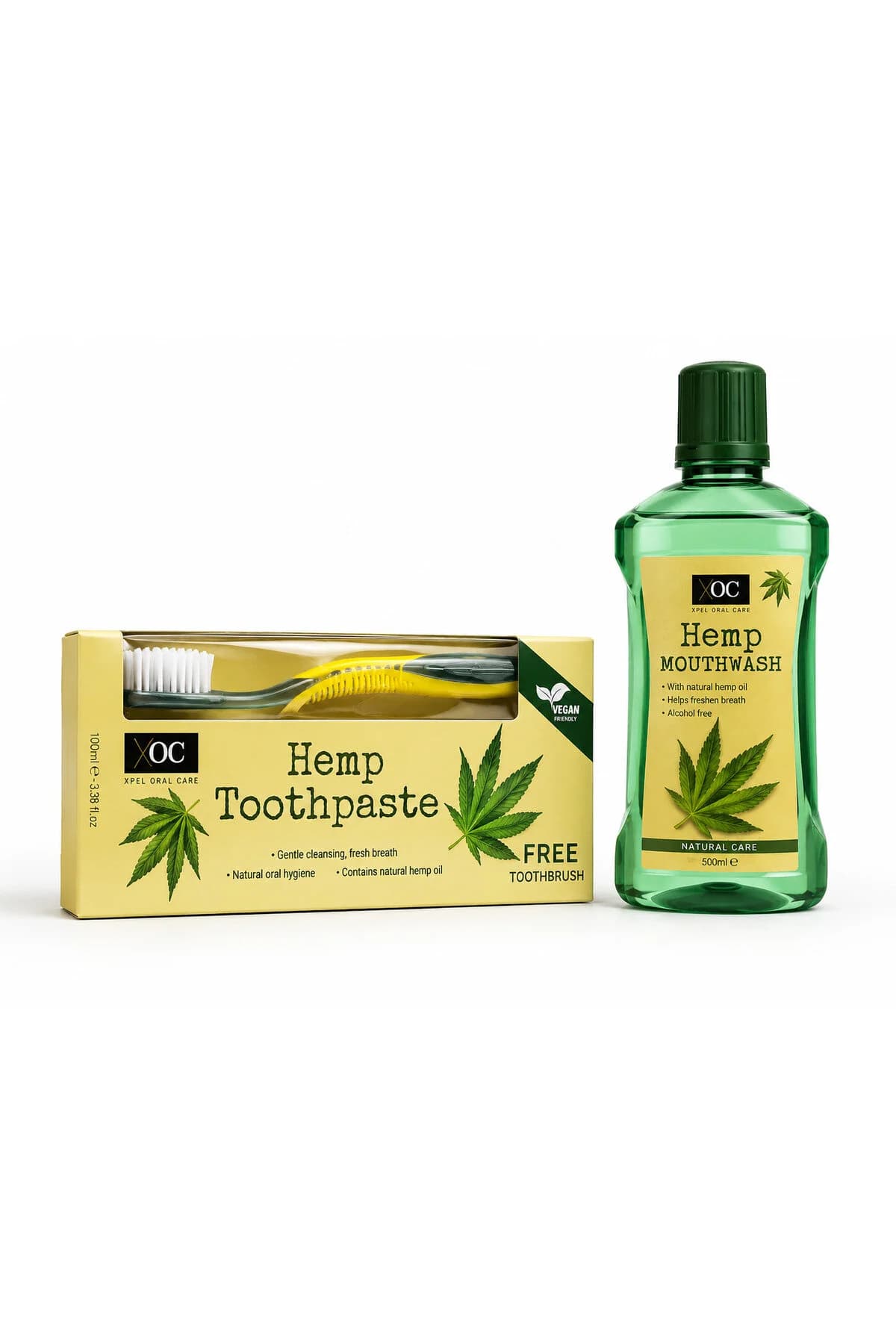 Set îngrijire orală Hemp – Pastă de dinți 100 ml + Periuță de dinți + Apă de gură Hemp 500 ml