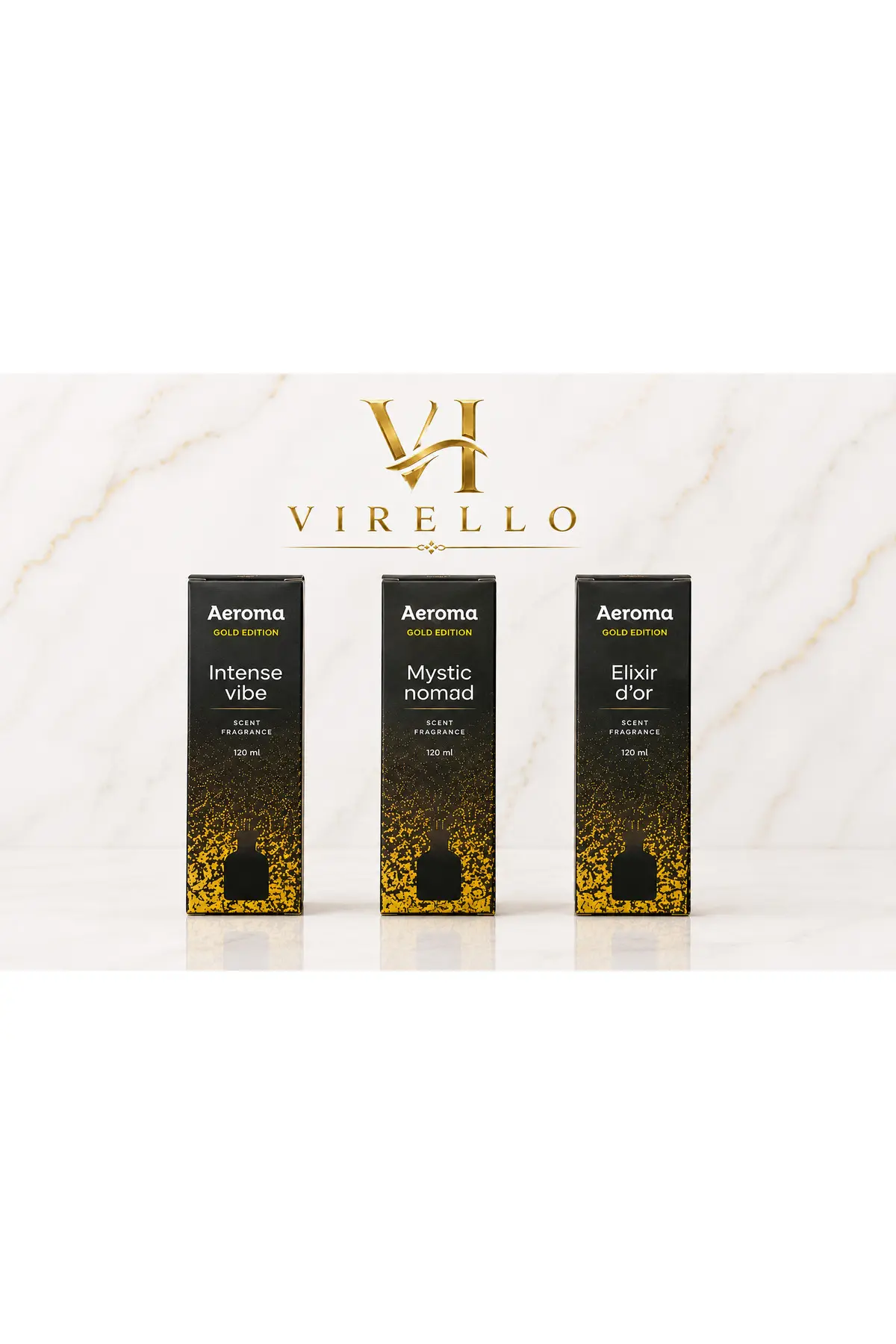 Set 3 Odorizante de Cameră Gold Edition – Intense Vibe, Mystic Nomad și Elixir d’Or, 120 ml fiecare