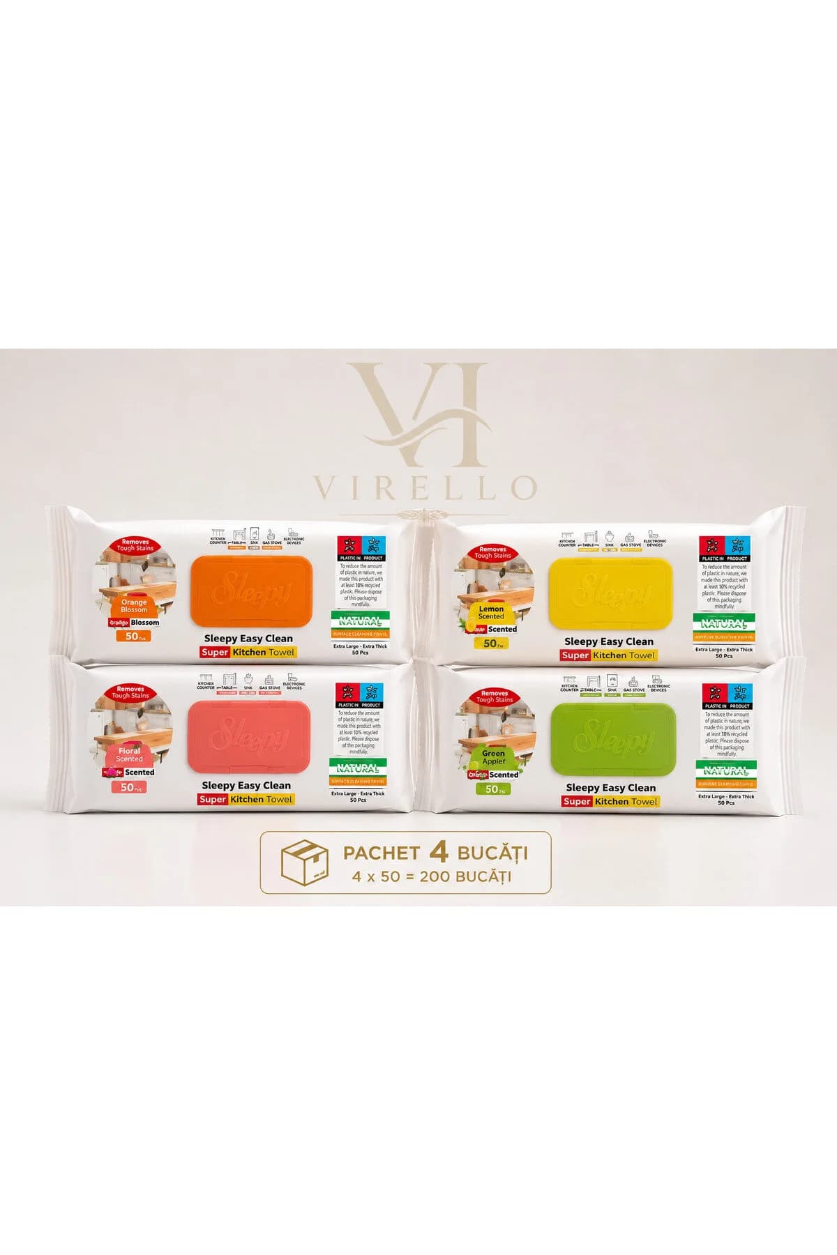 Set 4 Slepy Pachete Șervețele Umede Easy Clean Super Kitchen, 4 Arome, 50 buc/pachet – 200 Șervețele