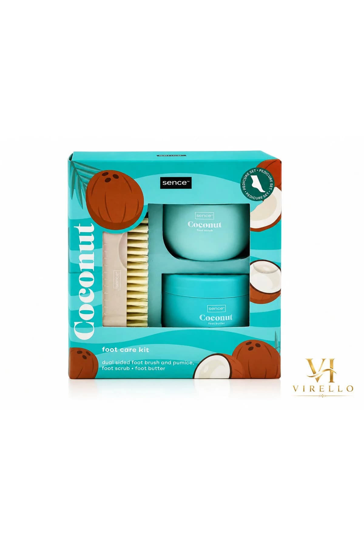 Set pedichiură Coconut pentru îngrijirea picioarelor, scrub, unt de picioare și perie dublă