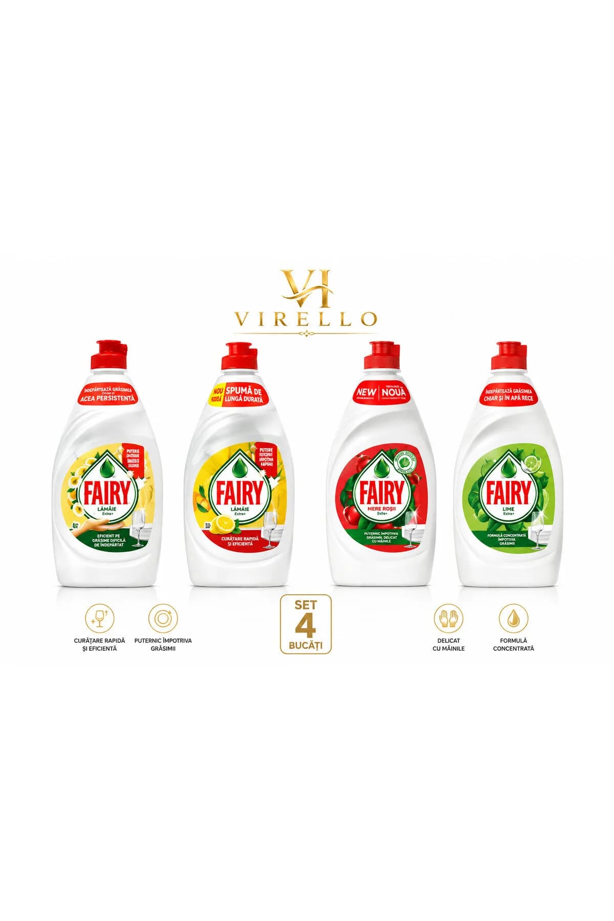 Set 4 detergenți lichizi pentru vase Fairy, variante diferite, 450 ml fiecare