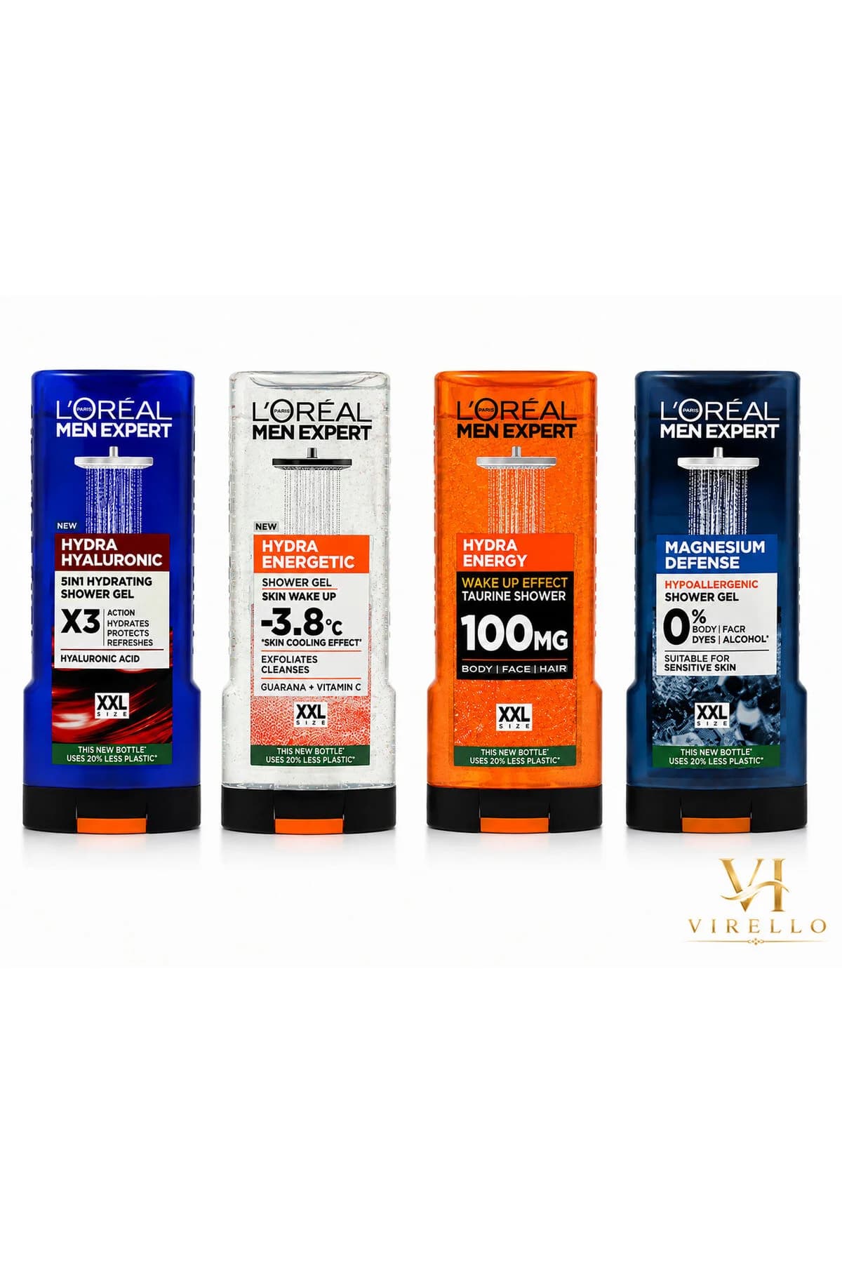 Set 4x400 ml gel de duș L’Oréal Paris Men Expert XXL, Hydra Hyaluronic, Hydra Energetic, Hydra Energy și Magnesium Defense
