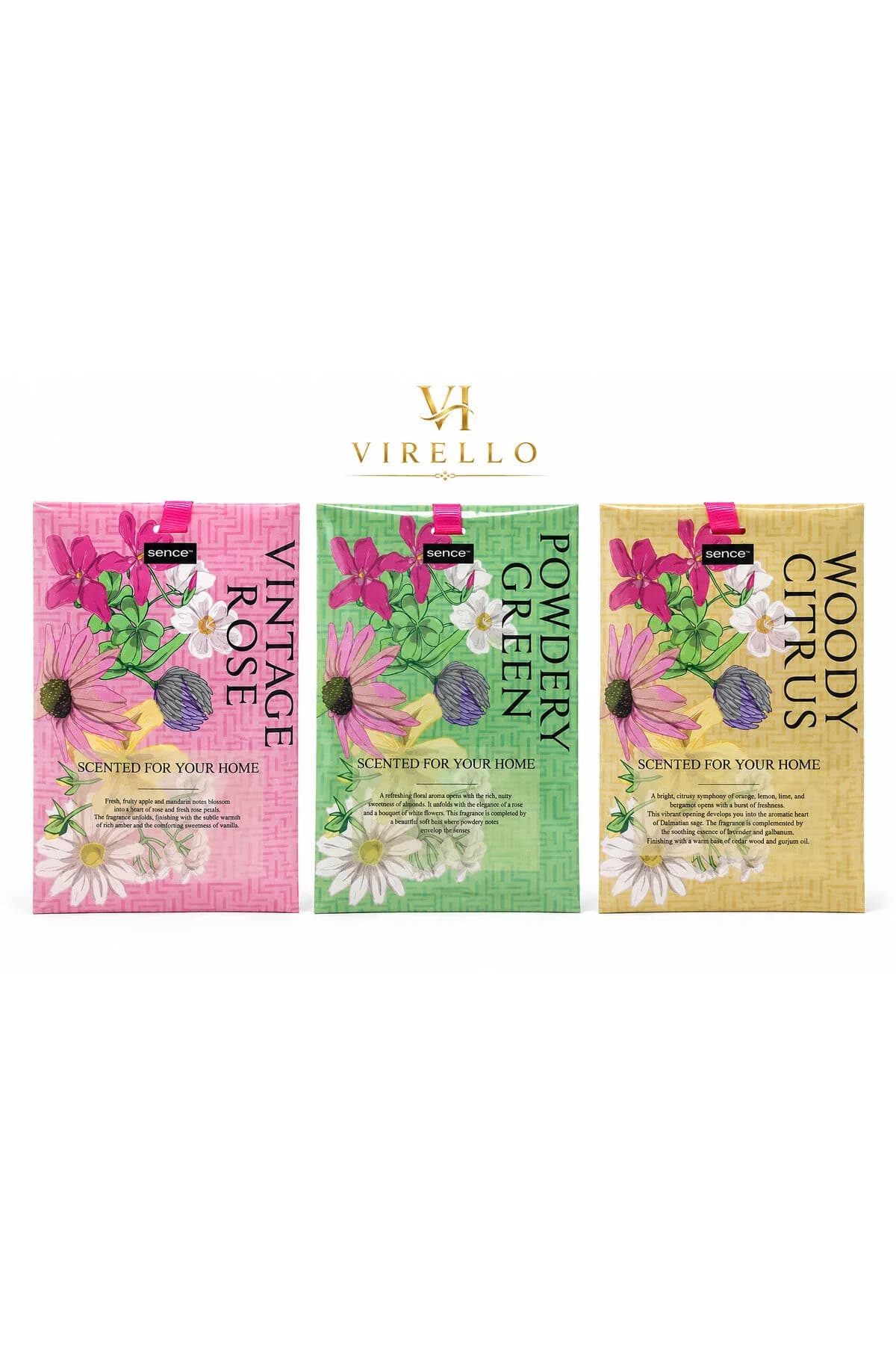 Set 3 odorizante parfumate pentru casă Home Scents, Vintage Rose, Powdery Green & Woody Citrus, 10 g fiecare
