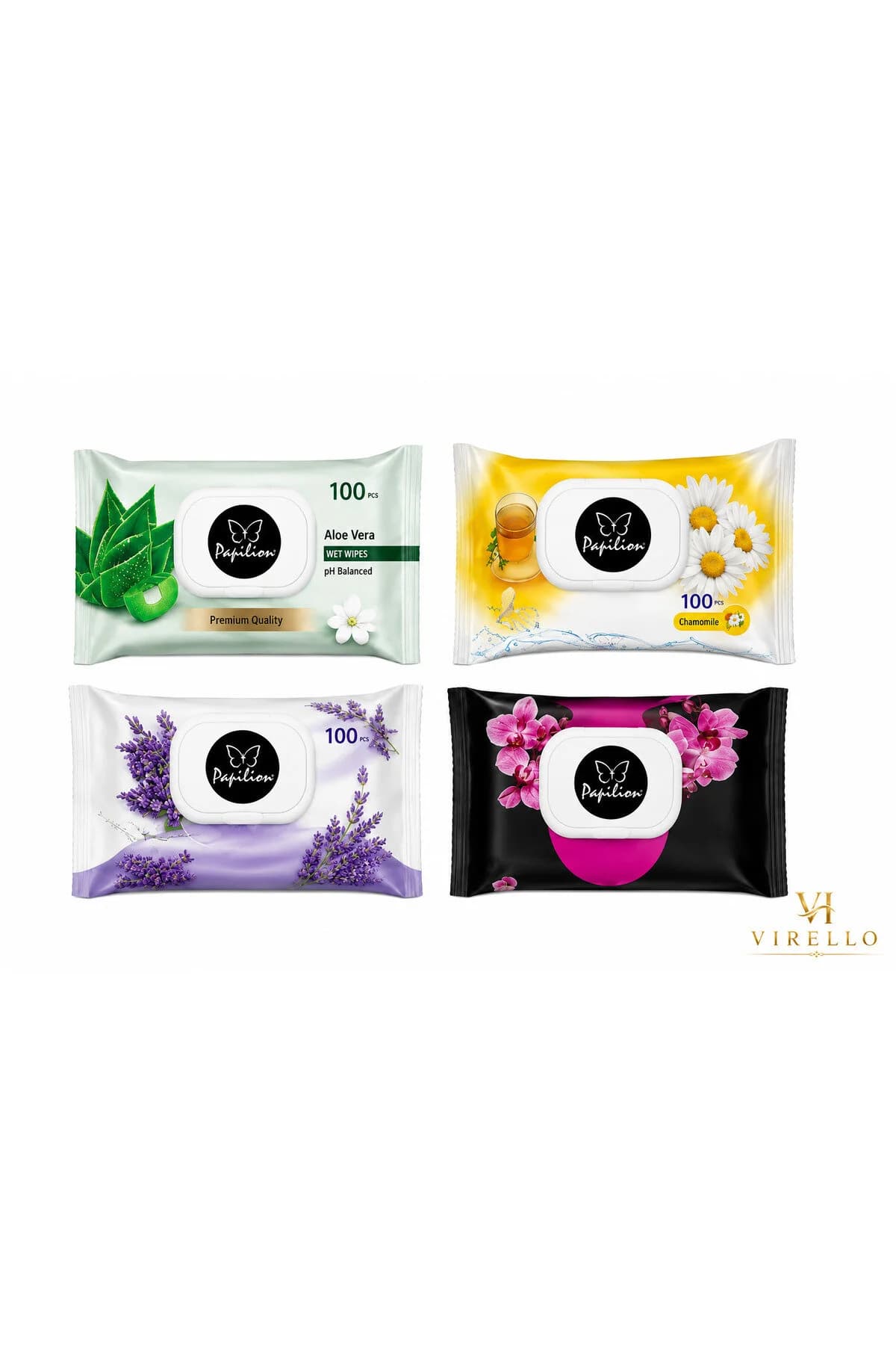 Set 4 pachete șervețele umede Papilion, Aloe Vera, Chamomile, Lavender & Aromatherapy, 100 buc/pachet