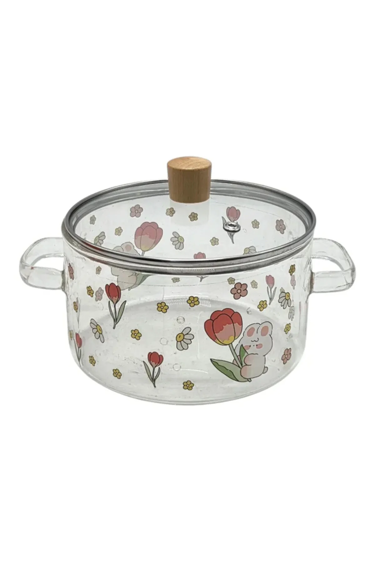 Oală de sticlă cu mânere și capac, cu model floral, capacitate 1,8 L, design transparent pentru bucătărie