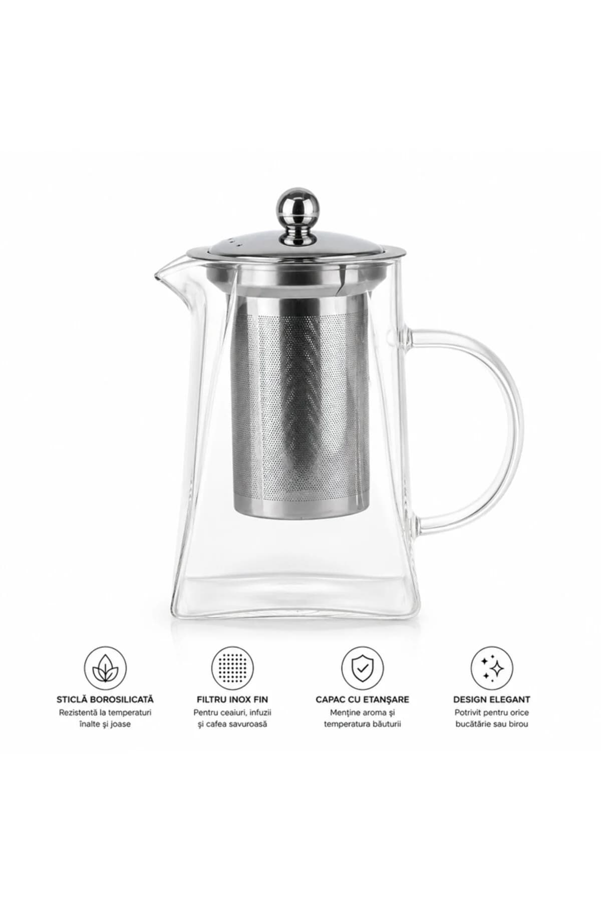 Ceainic de sticlă cu infuzor din oțel inoxidabil 950 ml pentru ceai, cafea și băuturi infuzate