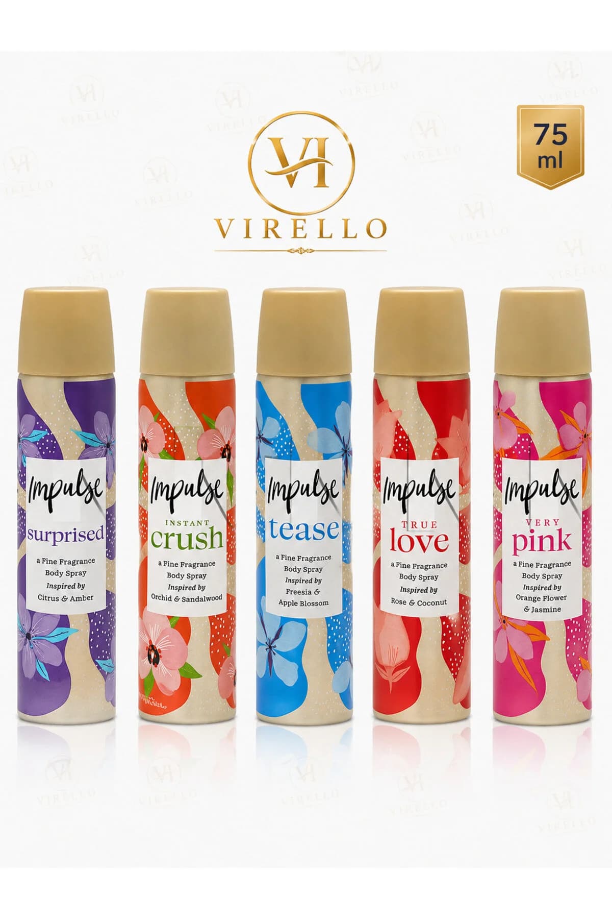 Set 5 Spray-uri de corp Impulse, 75 ml fiecare, 5 arome diferite