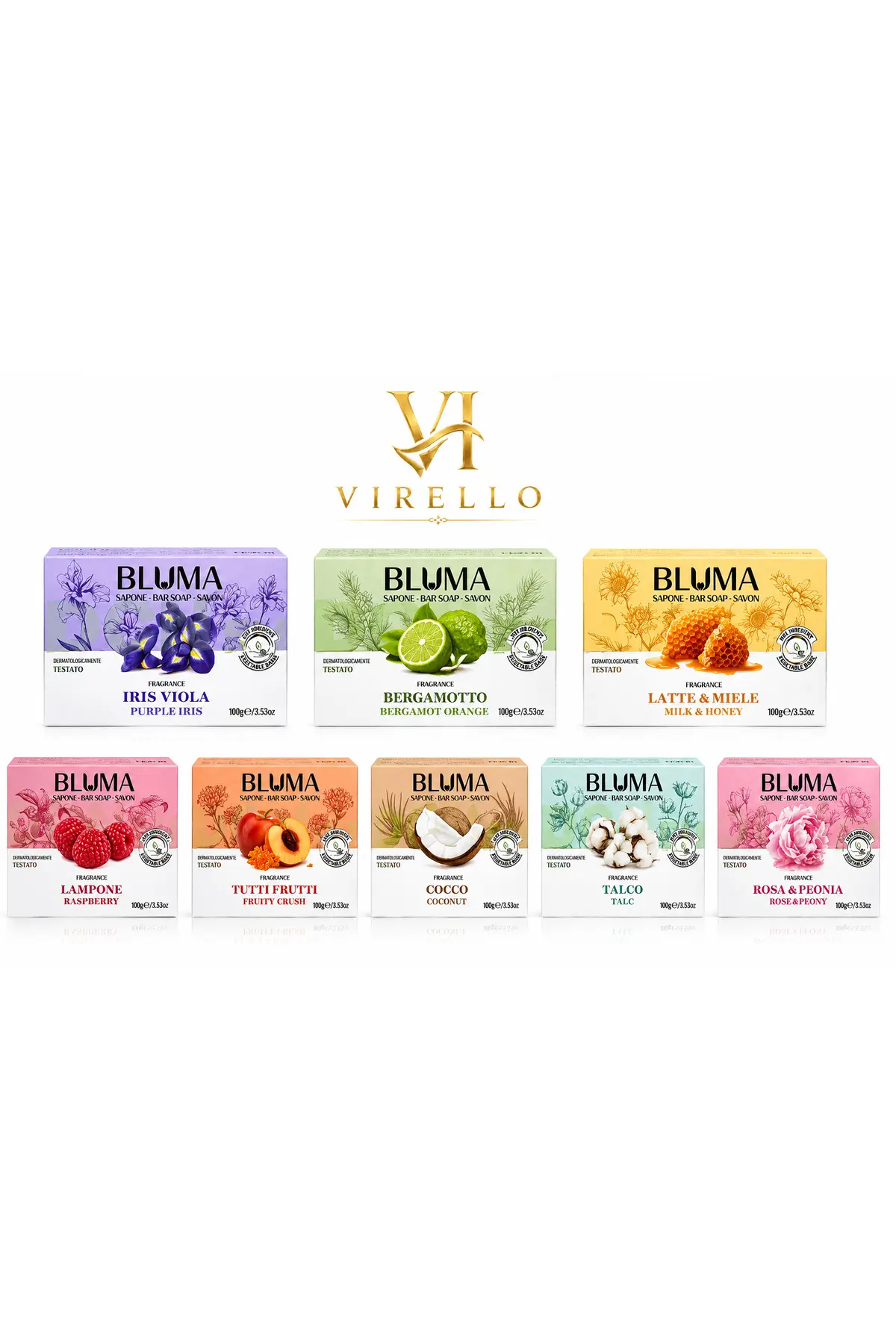 Set 8 Săpunuri Solide BLUMA, 100 g/buc, Arome Asortate – Iris, Bergamotă, Lapte & Miere, Zmeură, Fructe, Cocos, Talc și Trandafir & Bujor