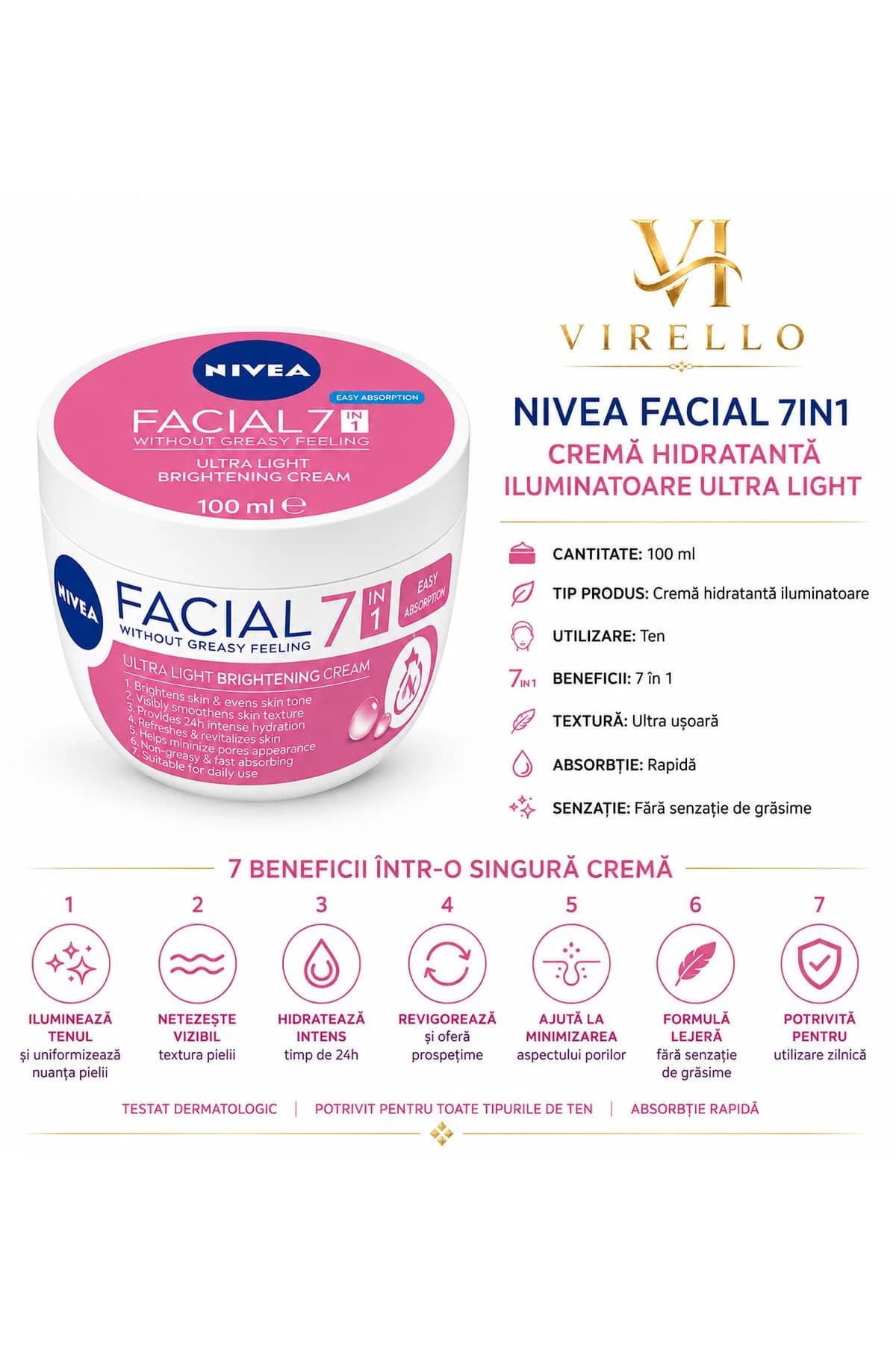 Facial 7in1 Cremă Iluminatoare Ultra Light pentru Ten, 100 ml