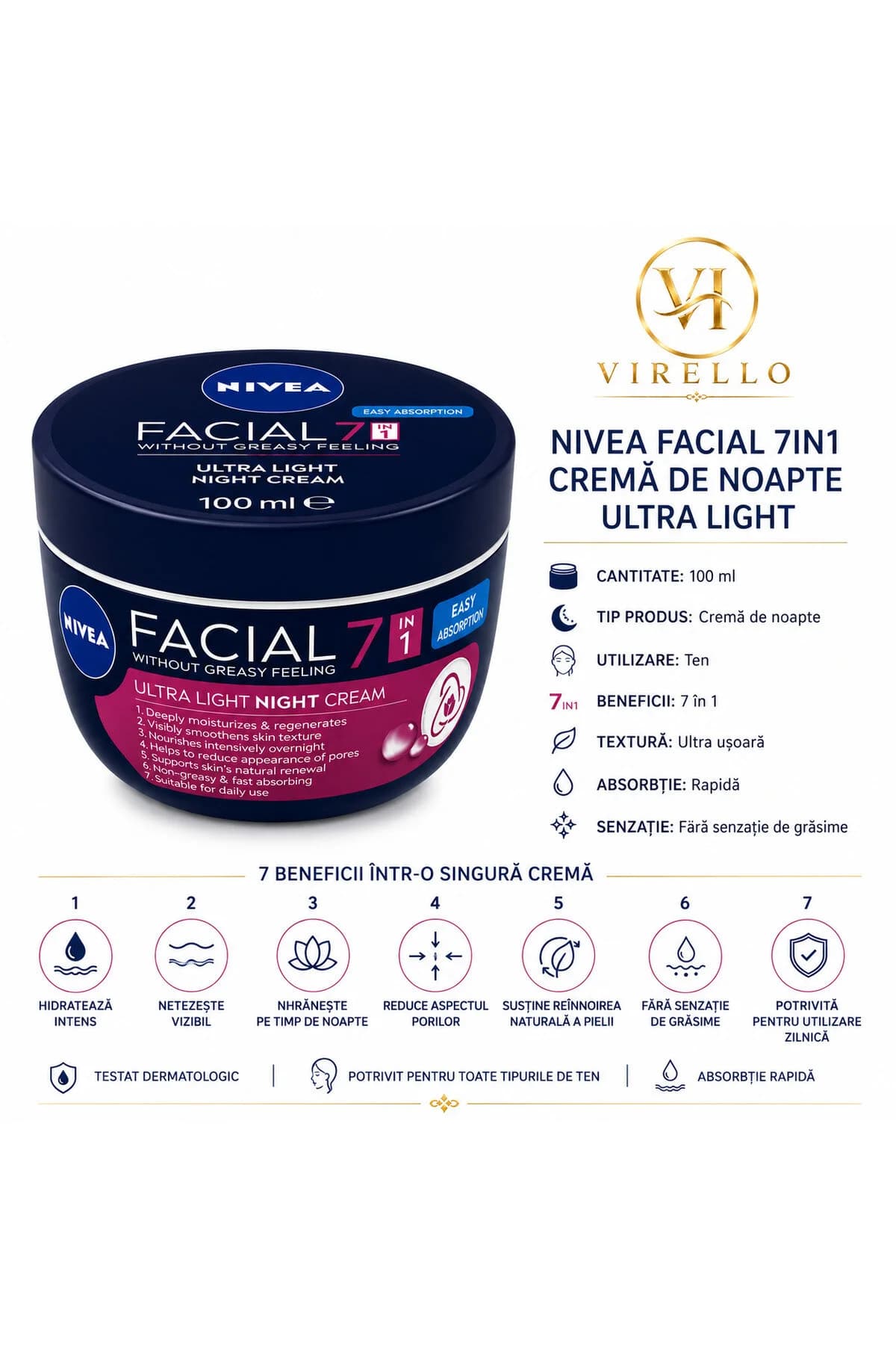 Facial 7in1 Cremă de Noapte Ultra Light pentru Ten, 100 ml