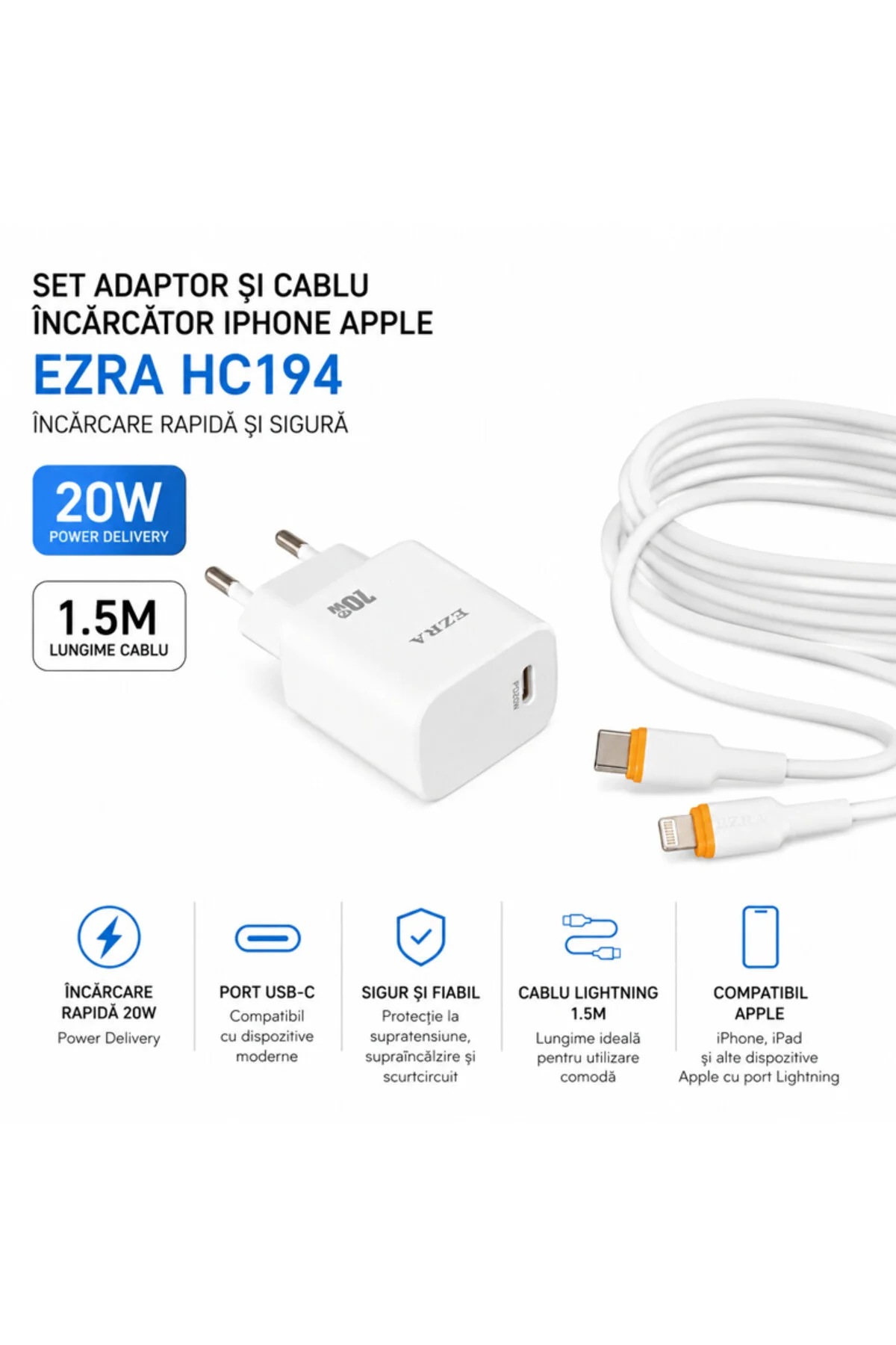 Set încărcător și cablu iPhone Apple 1.5M HC194, încărcare rapidă 20W cu conectori USB-C și Lightning
