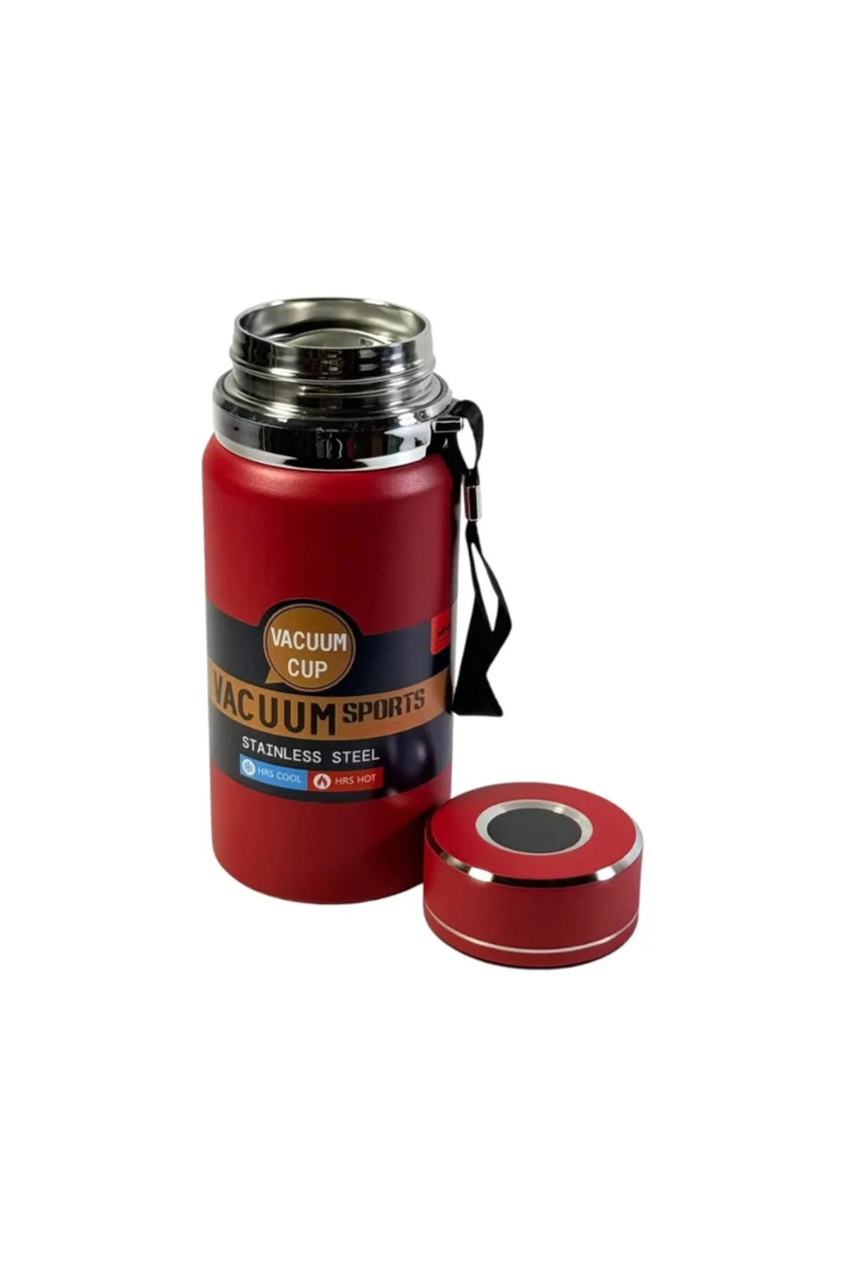 Termos cu vid din oțel inoxidabil de 600 ml, cu capac metalic și infuzor, cu curea textilă