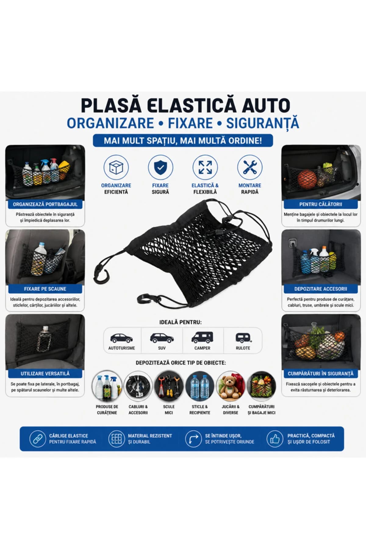 Organizator auto elastic 30 x 28 CM pentru portbagaj și scaune, plasă auto pentru depozitare și fixarea accesoriilor, montare rapidă cu cârlige, accesoriu auto pentru organizare și economisirea spațiului.