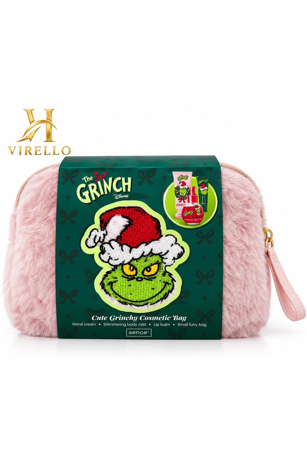 Grinch Borsetă Cadou – Balsam Buze 6 ml + Cremă Mâini 30 ml + Shimmering Body Mist 50 ml