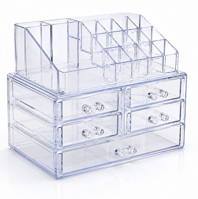 Organizator Cosmetice Acrilic Transparent cu 7 Sertare și Compartimente Multiple pentru Machiaj, Pensule, Rujuri și Accesorii Makeup