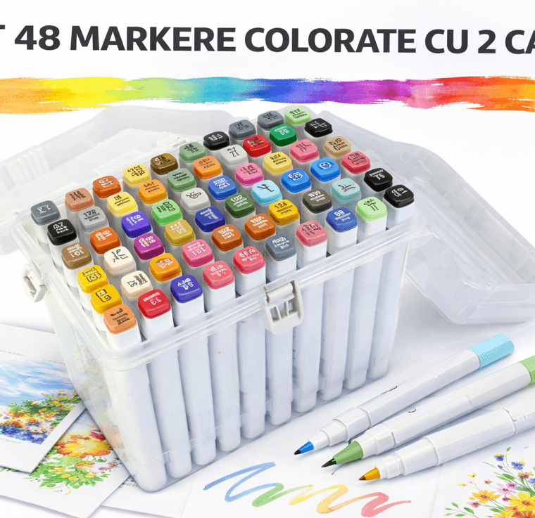 Set 48 Markere Colorate cu 2 Capete, Markere cu Vârf Dublu Fine și Chisel pentru Desen, Schițe și Ilustrații, Set Markere Multicolore pentru Artă, Hobby Creativ, Școală și Birou