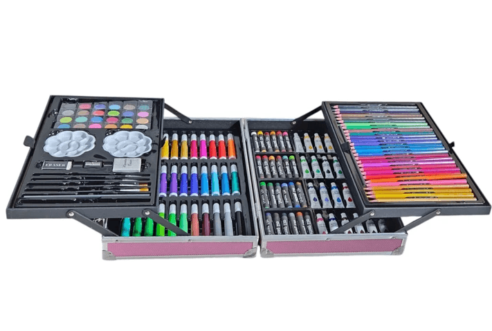 Trusă de Colorat Copii 145 Piese – Set Creativ Desen și Pictură cu Carioci, Creioane Colorate, Pasteluri și Culori Apă, Cutie Organizatoare