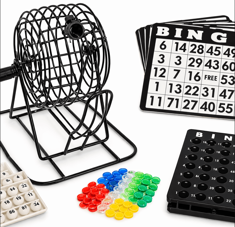Joc Bingo Complet cu Tambur Metalic Rotativ, Bile Numerotate, Table de Joc și Jetoane Marcaj – Set Joc de Societate pentru Familie și Petreceri