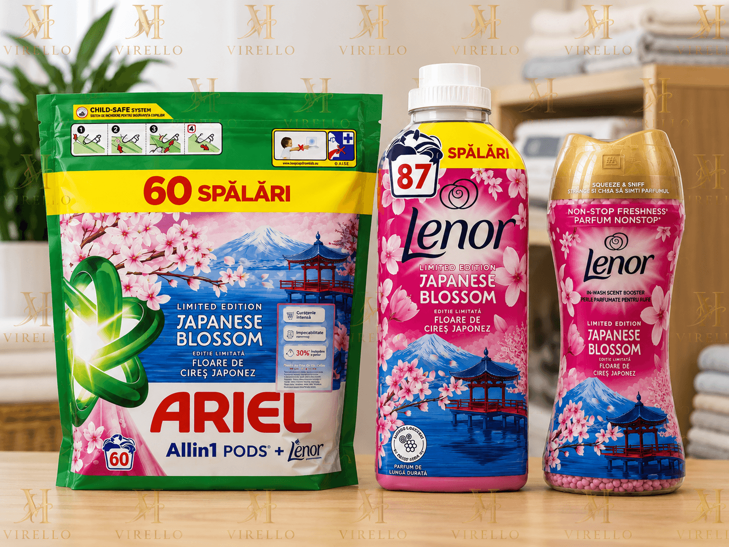 Pachet Complet Ariel & Lenor Japanese Blossom – Capsule + Balsam + Perle Parfumate