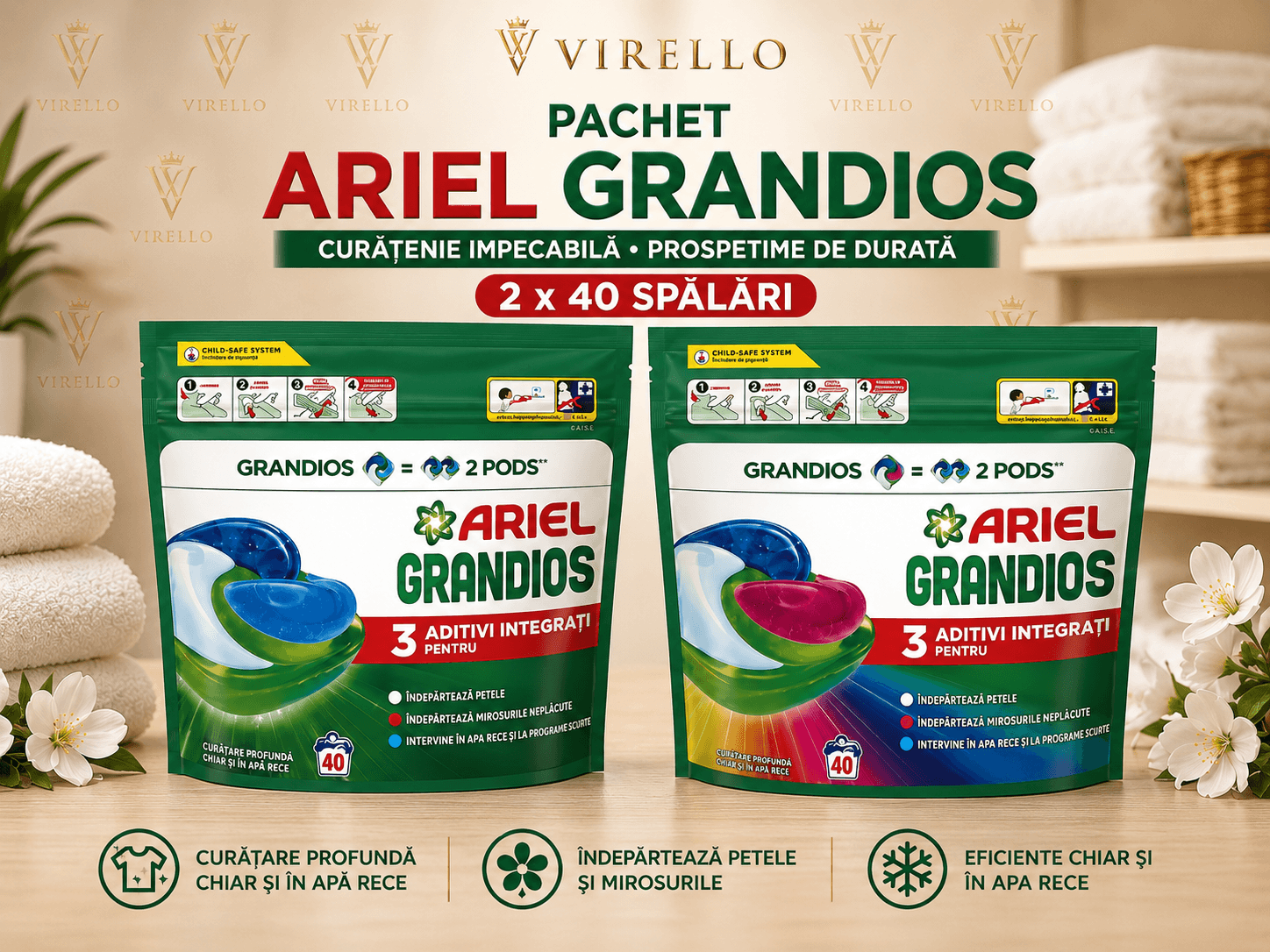Pachet Ariel Grandios All in 1 PODS – 2 x 40 Capsule, 80 Spălări