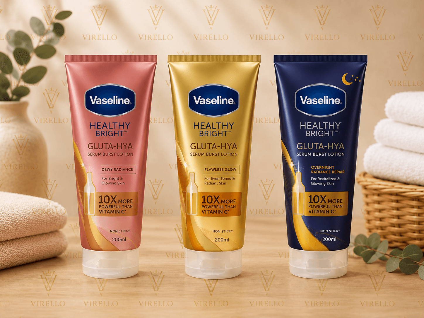 Pachet Vaseline Healthy Bright Gluta-Hya – 3 Loțiuni Serum de Corp, 200 ml fiecare, Dewy Radiance + Flawless Glow + Overnight Radiance Repair