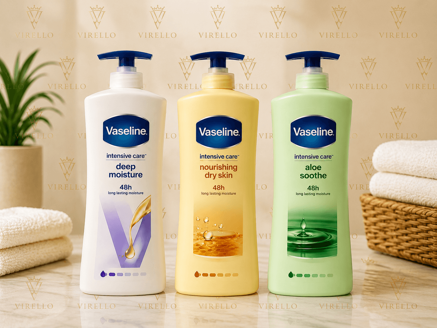 Pachet Vaseline Intensive Care – 3 Loțiuni de Corp cu Pompă, Deep Moisture + Nourishing Dry Skin + Aloe Soothe, Hidratare 48H