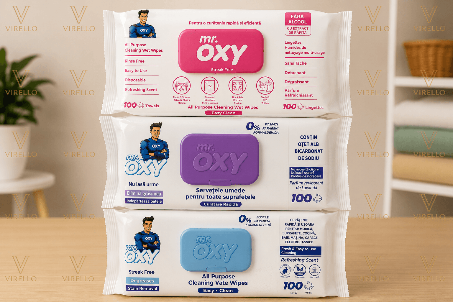 Pachet Mr. Oxy – 3 x Șervețele Umede pentru Curățenie, 100 buc/pachet, 300 Șervețele în Total