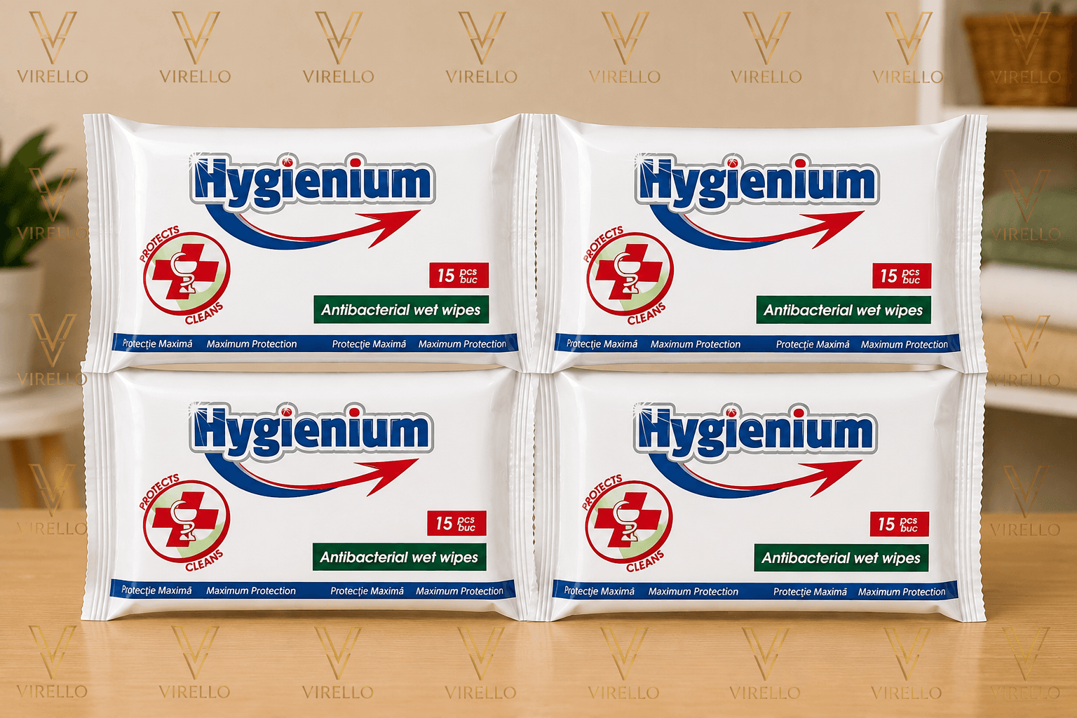 Pachet Hygienium – 4 x Șervețele Umede Antibacteriene, 15 buc/pachet, 60 Șervețele în Total